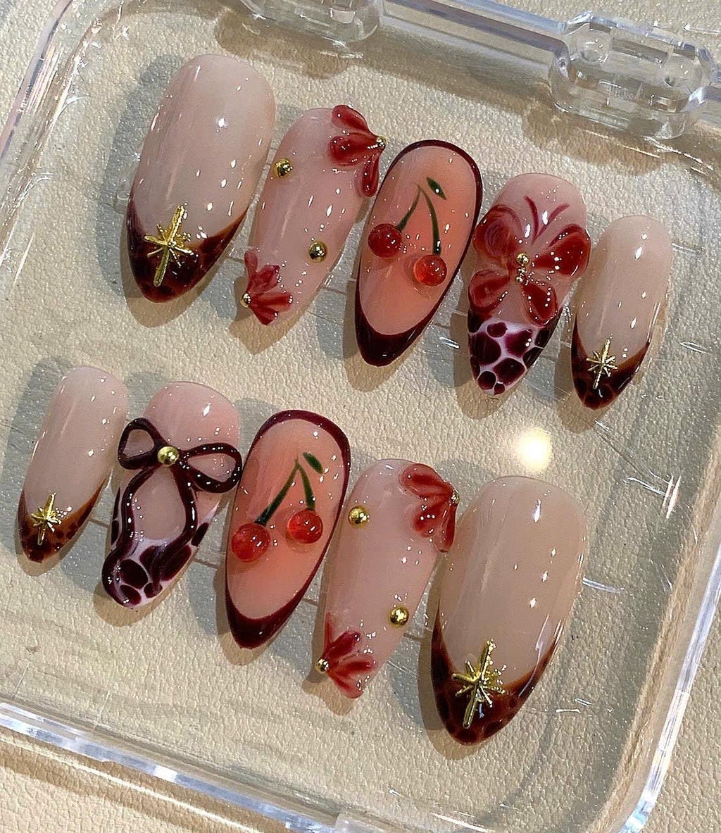 Cherry Bow Press On Nails | Elegant 3D Red Nail Art Set