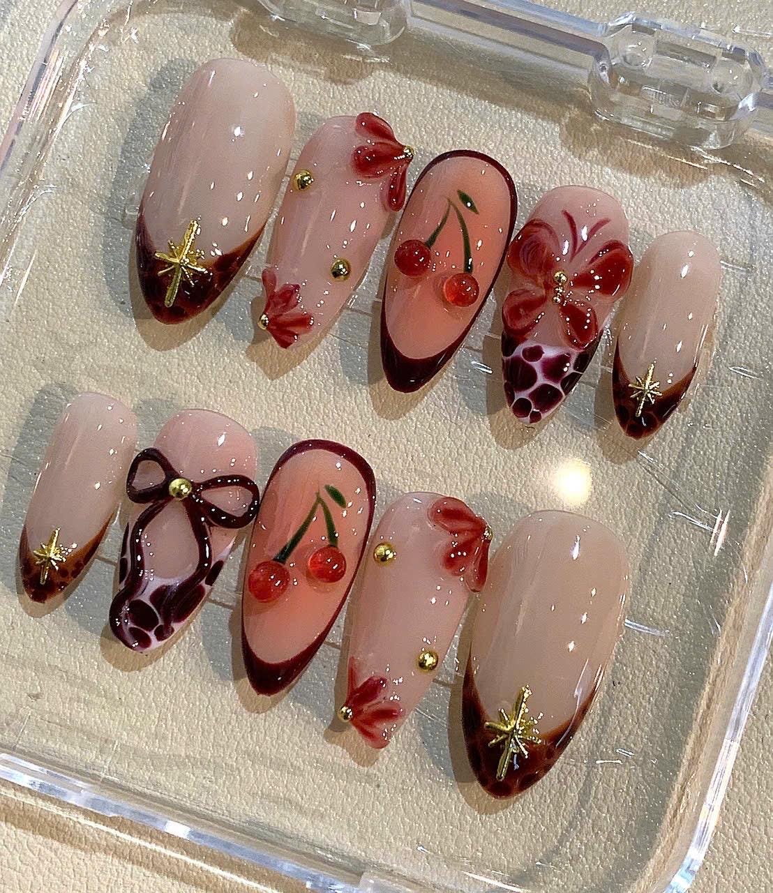 Cherry Bow Press On Nails | Elegant 3D Red Nail Art Set