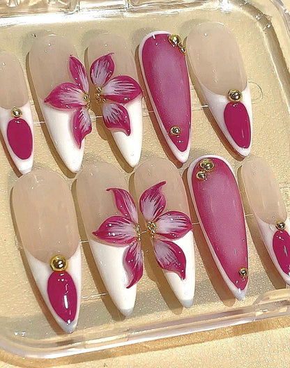 Pink 3D Flower Press On Nails | Elegant White French Tip Nail Set