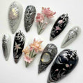 Handmade Gothic Floral Press On Nails | 3D Pink Blossoms & Antique Silver Embossing | Monochrome Almond Nails For Dark Romantic Vibe