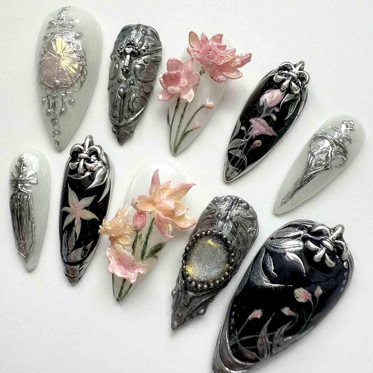 Handmade Gothic Floral Press On Nails | 3D Pink Blossoms & Antique Silver Embossing | Monochrome Almond Nails For Dark Romantic Vibe