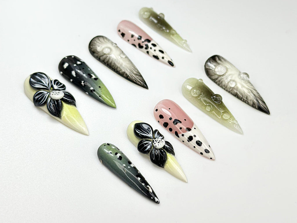 Elegant Green Bloom Press On Nails | 3D Black White Floral Nails | Handpainted Nature Nail Art | Green Ombre & Dot Accent Nails | JC101HK