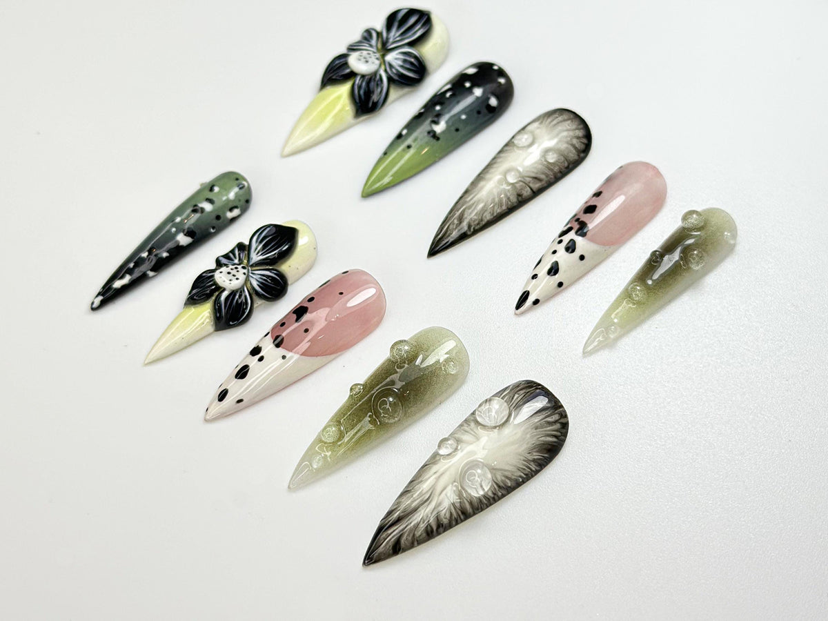 Elegant Green Bloom Press On Nails | 3D Black White Floral Nails | Handpainted Nature Nail Art | Green Ombre & Dot Accent Nails | JC101HK