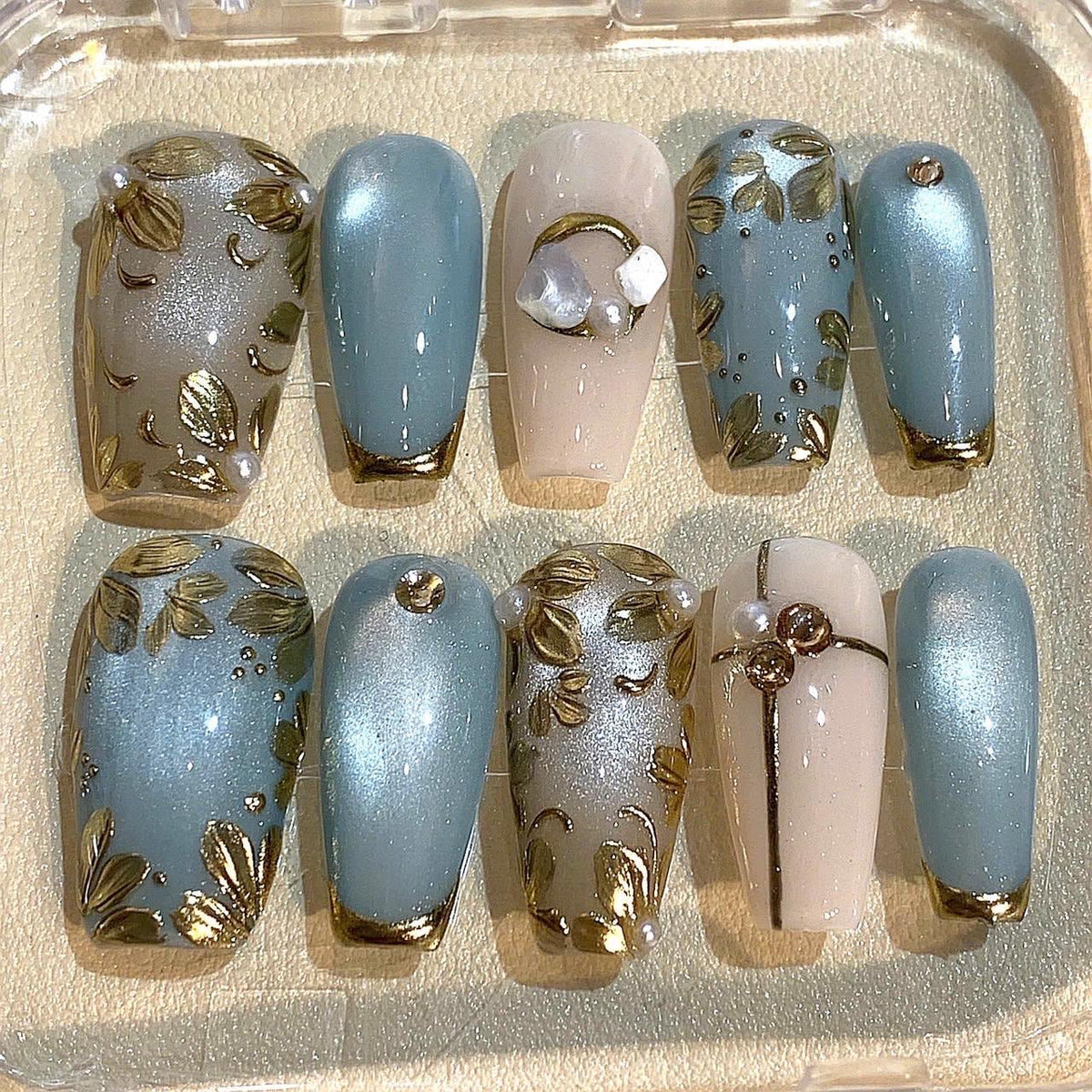 Blue Gold Leaf Press On Nails: Elegant Pearl Wedding Nail Art