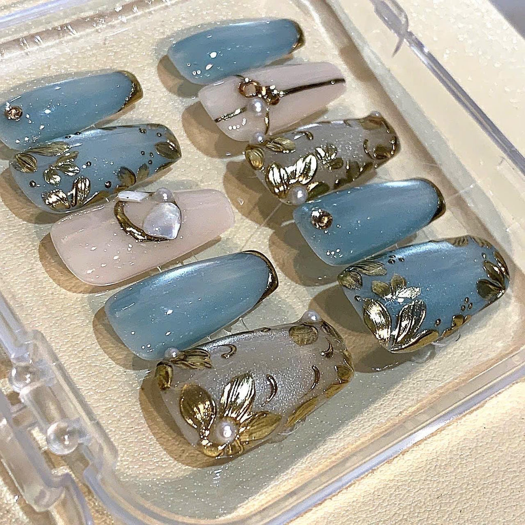 Blue Gold Leaf Press On Nails: Elegant Pearl Wedding Nail Art
