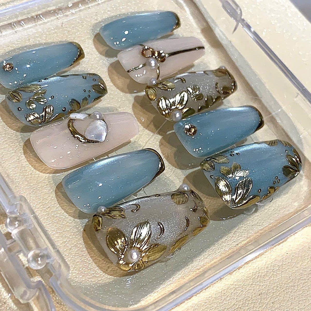 Blue Gold Leaf Press On Nails: Elegant Pearl Wedding Nail Art