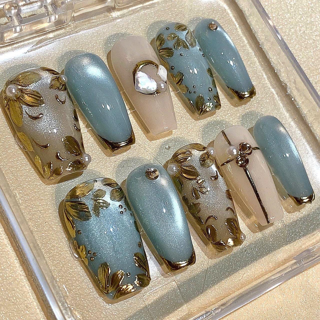 Blue Gold Leaf Press On Nails: Elegant Pearl Wedding Nail Art
