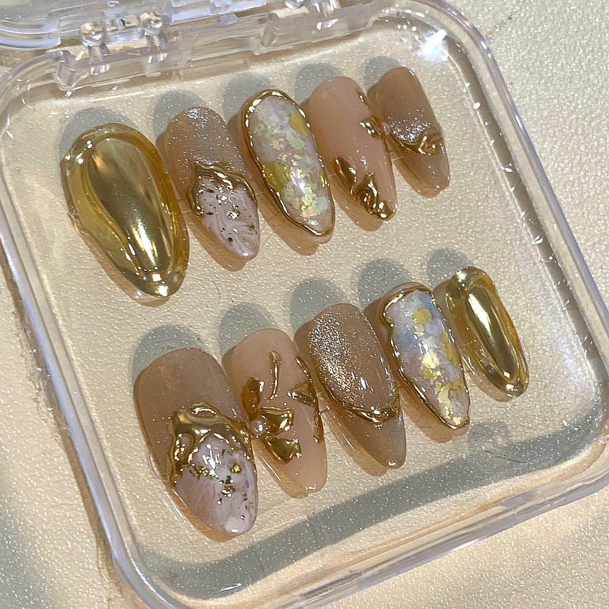 Gold Chrome Marble Press On Nails: Luxury Iridescent Nail Art Set