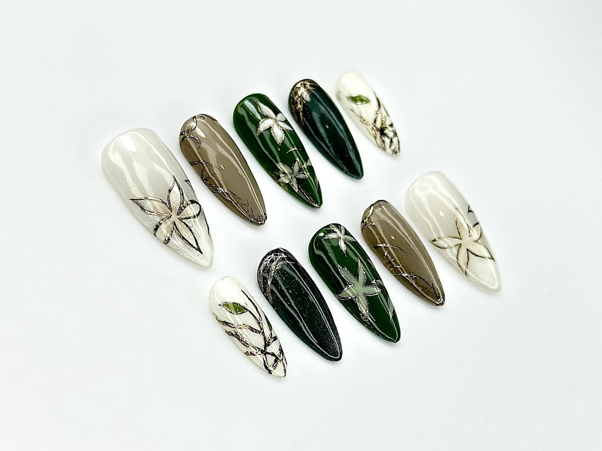 Jade Garden Serenity Press On Nails | Chinese Ink Painting Style | Lotus Bloom & Jade Charm Nails | Elegant Floral Nail Art | JC105EK