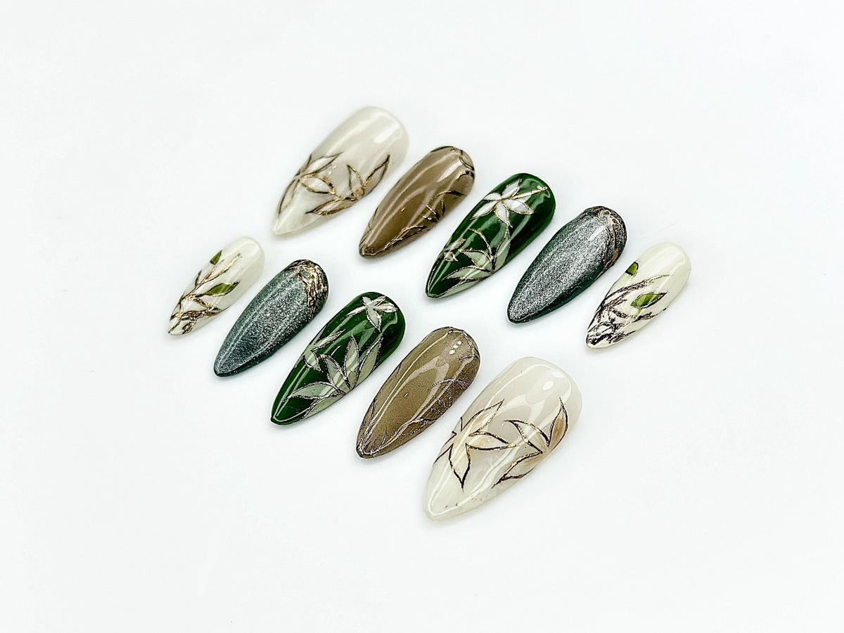Jade Garden Serenity Press On Nails | Chinese Ink Painting Style | Lotus Bloom & Jade Charm Nails | Elegant Floral Nail Art | JC105EK