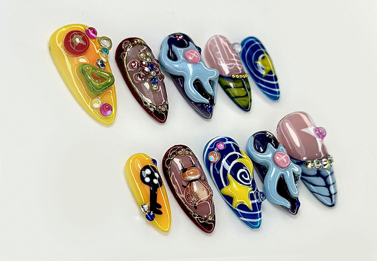 3D Cartoon Press On Nails | Y2K Inspired Nail Art | Cute Cat & Star Design | Handmade Colorful Nails | JB900EC