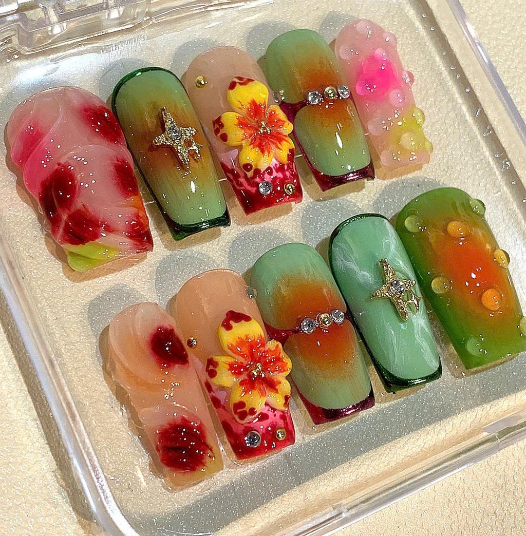 Tropical Hibiscus Press On Nails: 3D Flower Beach Nail Art