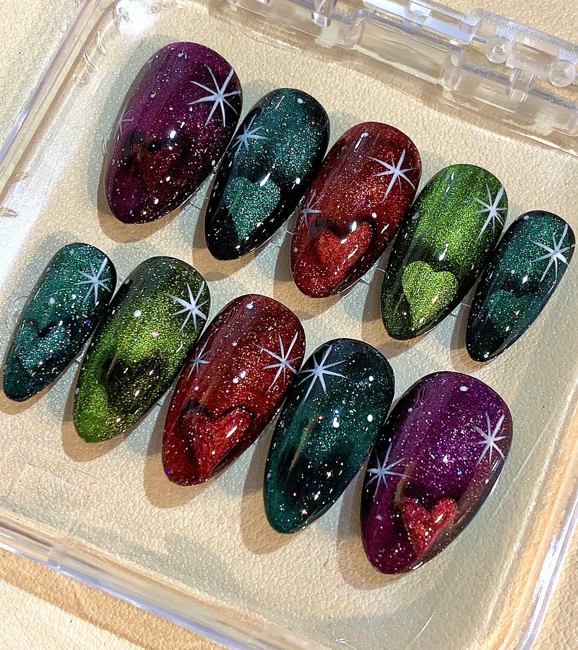 Galaxy Cat Eye Press On Nails: Handmade Starry Glitter Nail Art