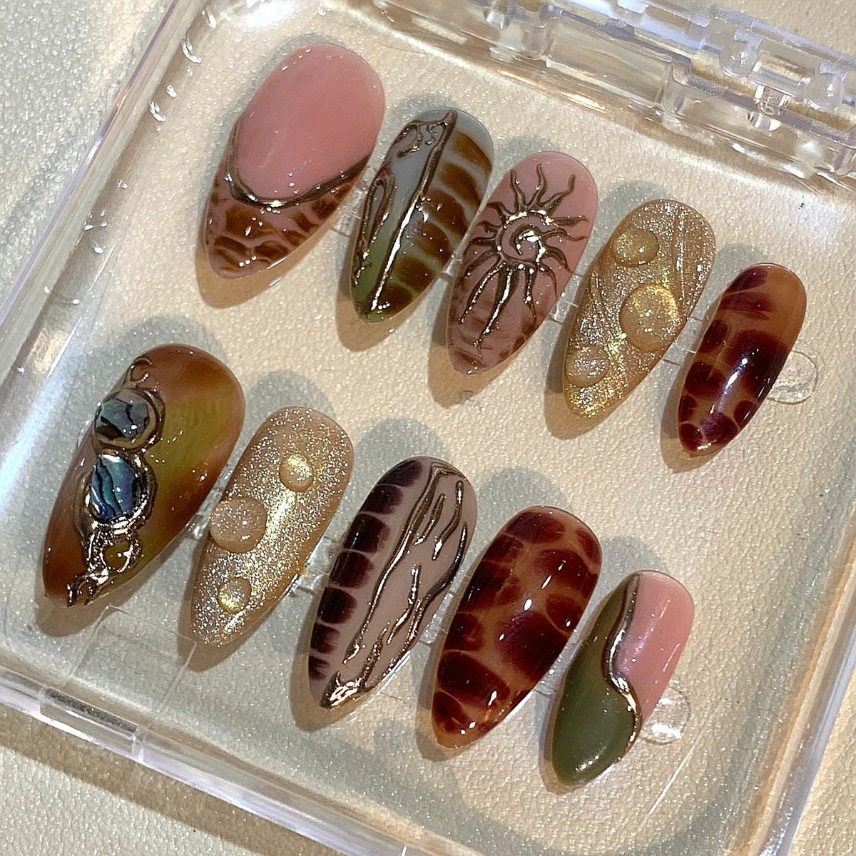 Boho Press On Nails: Gold Celestial Sun & Moon Design