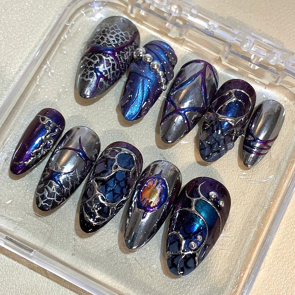 Dragon Scale Chrome Press On Nails: Gothic 3D Armor Nail Art