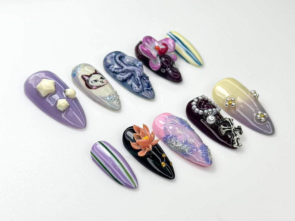 Whimsical Violet Press On Nails | 3D Cat & Orchid Nail Art | Abstract Swirl Gothic Pearl Nails | Handmade Nail Set| Artistic Nails | JB981HC
