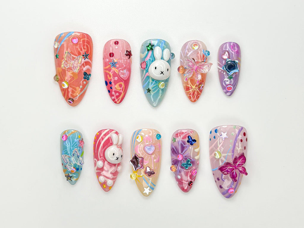 Kawaii Bunny Press On Nails | 3D Cute Rabbit & Star Nails | Rainbow Pastel Swirl Nail Art | Handmade Kawaii Nail | Fun Handmade Nail|JB982HC