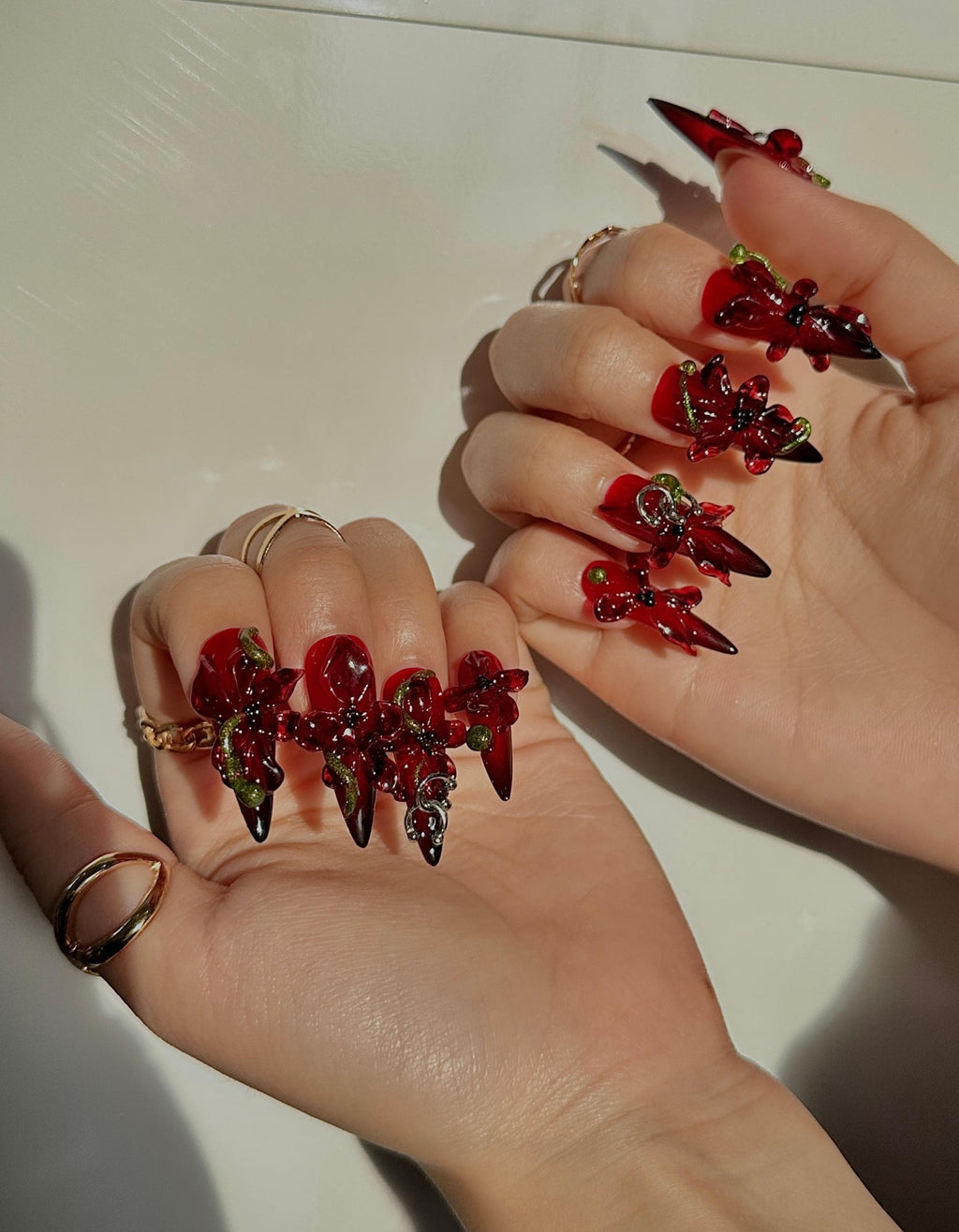 Crimson Orchid Luxury Press On Nails | 3D Dark Floral Nail Art | Red & Black Stiletto Nails | Gothic Glam Press Ons | Party Nail Set|JB113HK