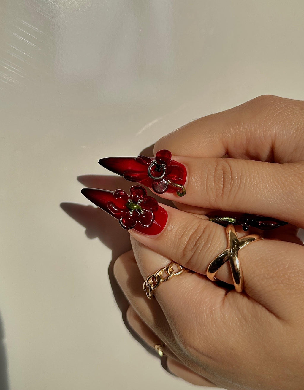 Crimson Orchid Luxury Press On Nails | 3D Dark Floral Nail Art | Red & Black Stiletto Nails | Gothic Glam Press Ons | Party Nail Set|JB113HK