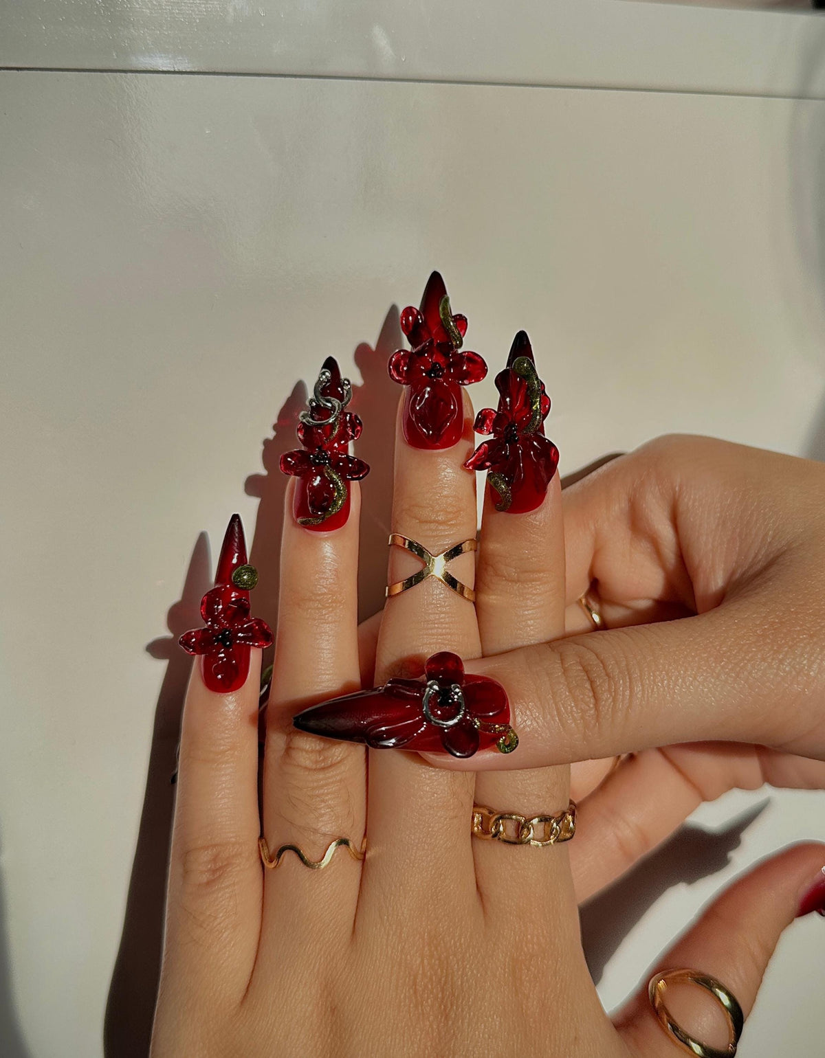 Crimson Orchid Luxury Press On Nails | 3D Dark Floral Nail Art | Red & Black Stiletto Nails | Gothic Glam Press Ons | Party Nail Set|JB113HK