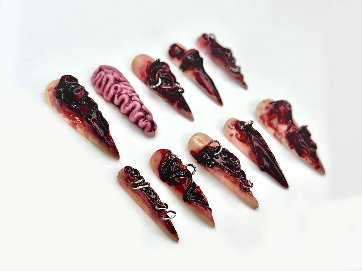 Bloody Gore Horror Press On Nails | 3D Brain & Wound Nail Art | Halloween Gore Special Effects Nails | Handmade Scary Nail Set | JB118EC