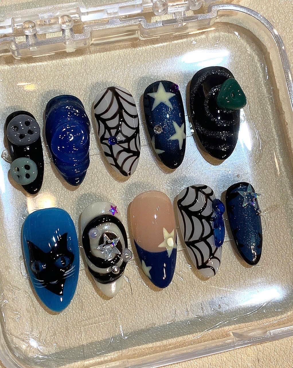 Witchy Press On Nails: Black Cat, Starry Sky & Spider Web - Glow in the Dark