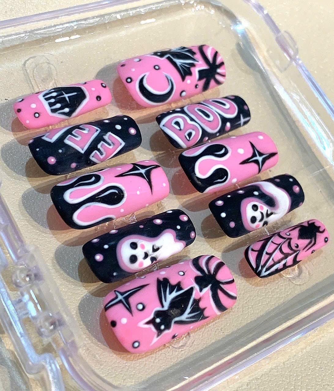 Pink & Black Halloween Press On Nails – Spooky Ghost Bat Art