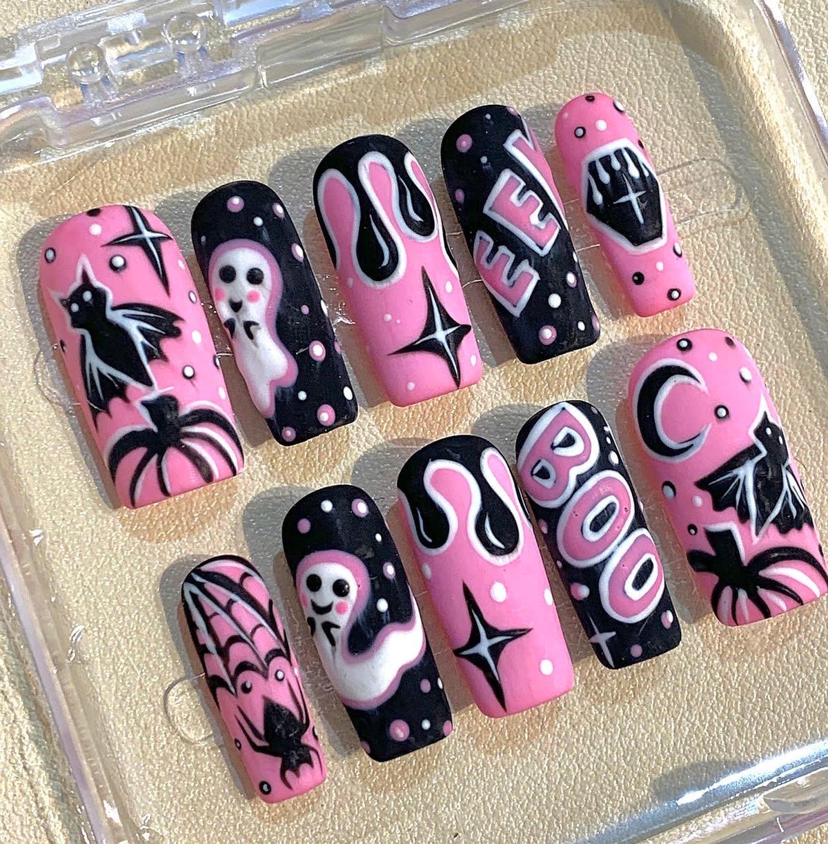 Pink & Black Halloween Press On Nails – Spooky Ghost Bat Art