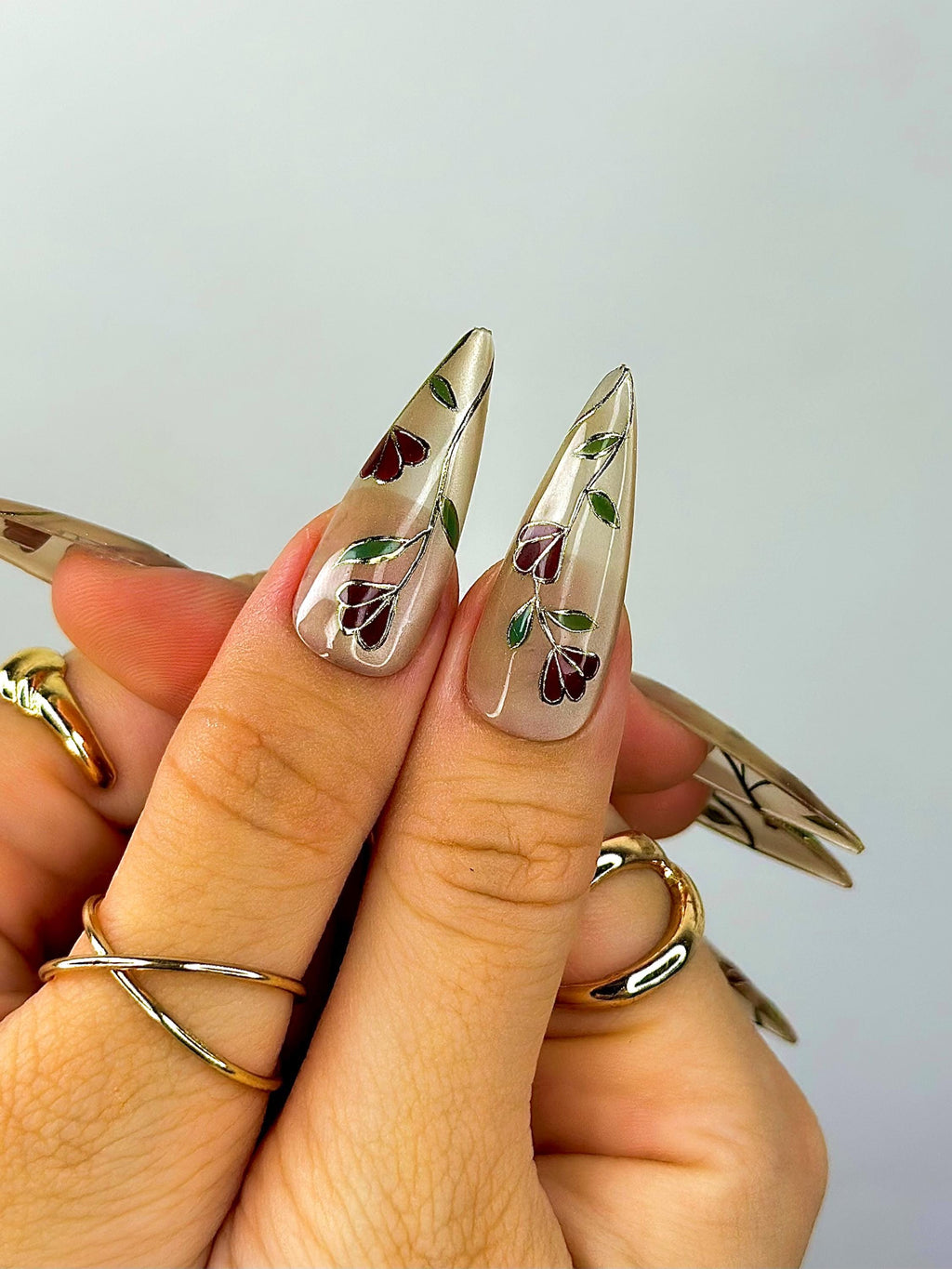 Golden Garden Elegance Press On Nails | Metallic Floral Stiletto Tips |Hand-Painted Gold & Burgundy Leaf Design | Luxury Long Nail | JC120EK