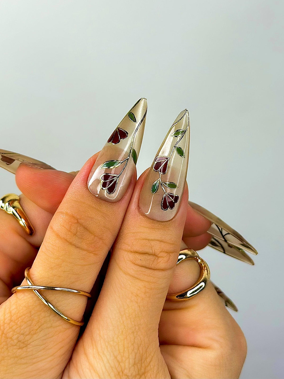 Golden Garden Elegance Press On Nails | Metallic Floral Stiletto Tips |Hand-Painted Gold & Burgundy Leaf Design | Luxury Long Nail | JC120EK