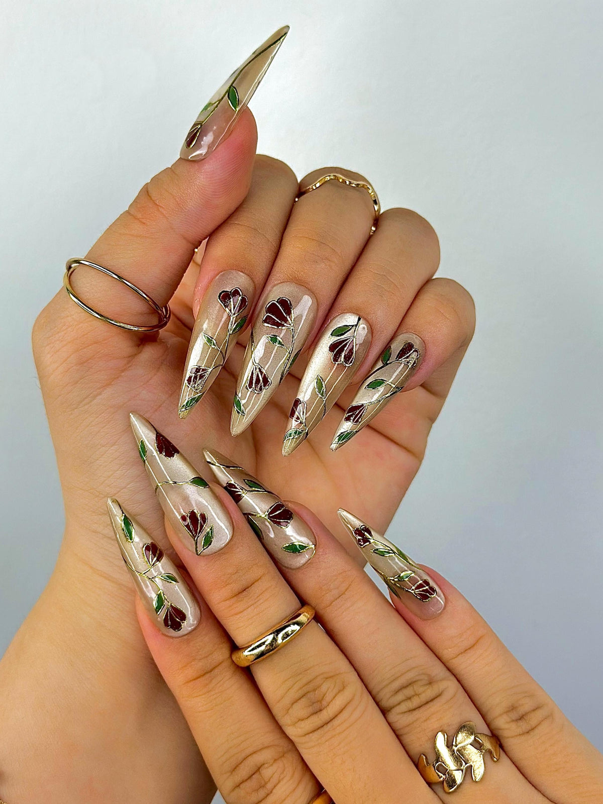 Golden Garden Elegance Press On Nails | Metallic Floral Stiletto Tips |Hand-Painted Gold & Burgundy Leaf Design | Luxury Long Nail | JC120EK