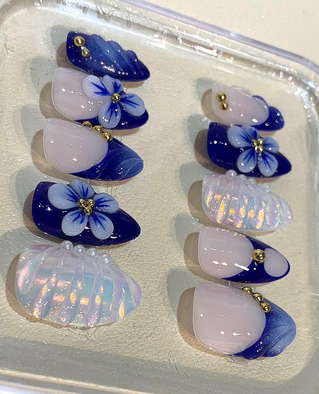 Blue Floral Press On Nails: Navy Pearl 3D Flower Coffin Nails