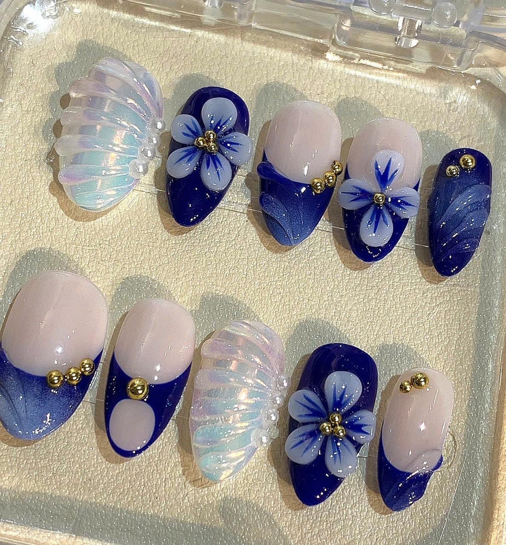 Blue Floral Press On Nails: Navy Pearl 3D Flower Coffin Nails