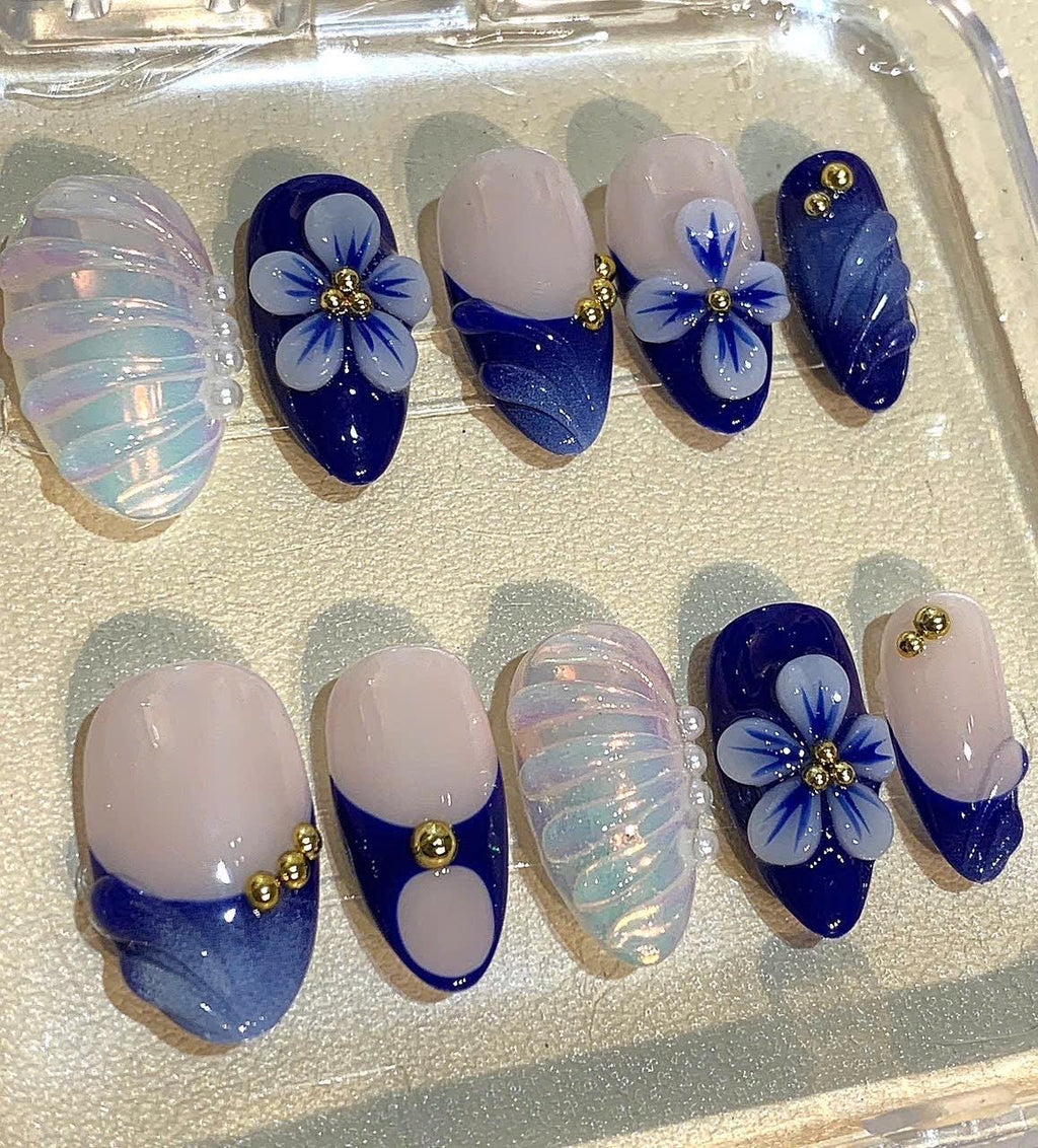 Blue Floral Press On Nails: Navy Pearl 3D Flower Coffin Nails