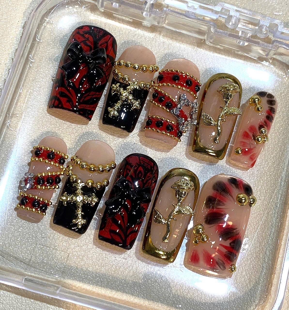Gothic Press On Nails: Red Black Rose, Cross Charms & 3D Details