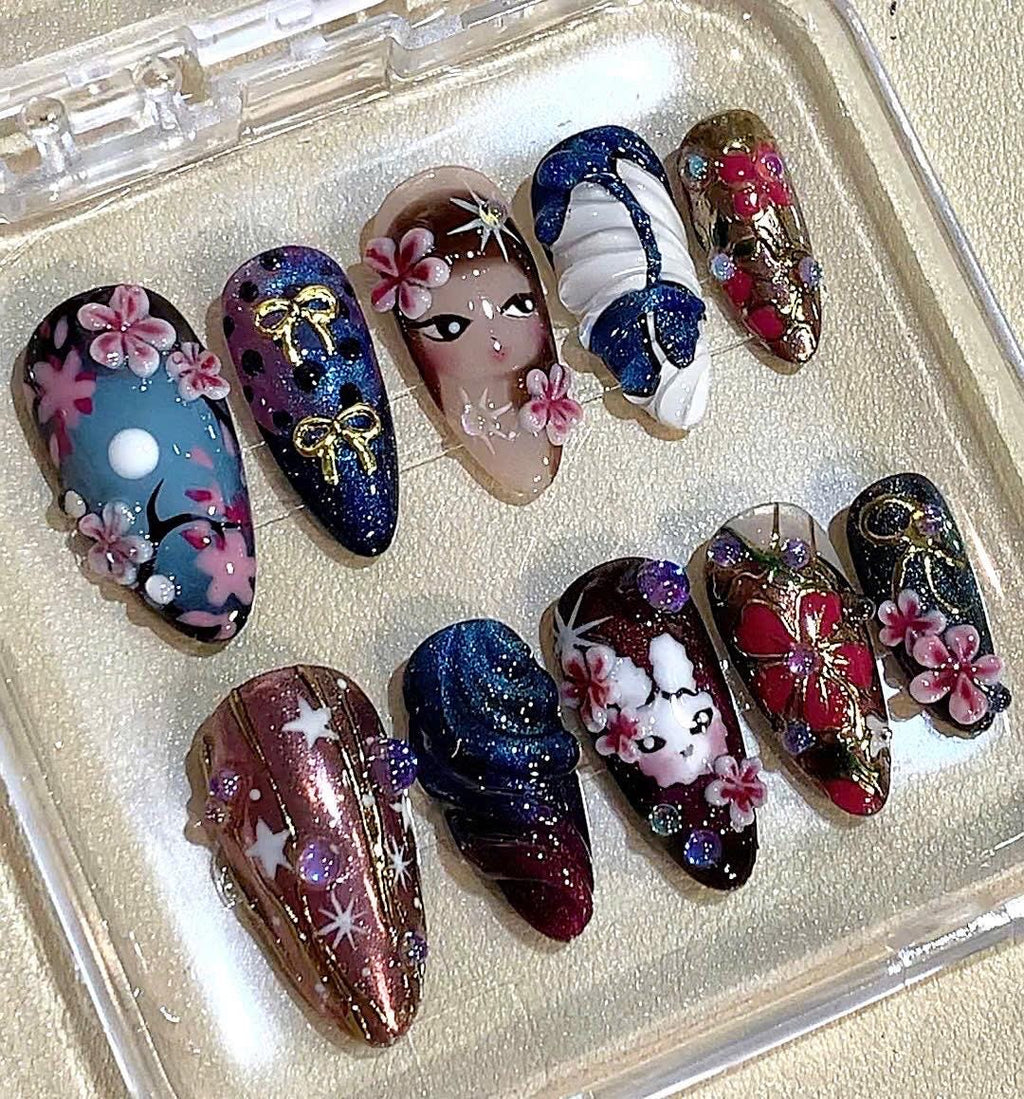 Sakura Cherry Blossom Bunny Press On Nails, 3D Kawaii Japanese Nail Art
