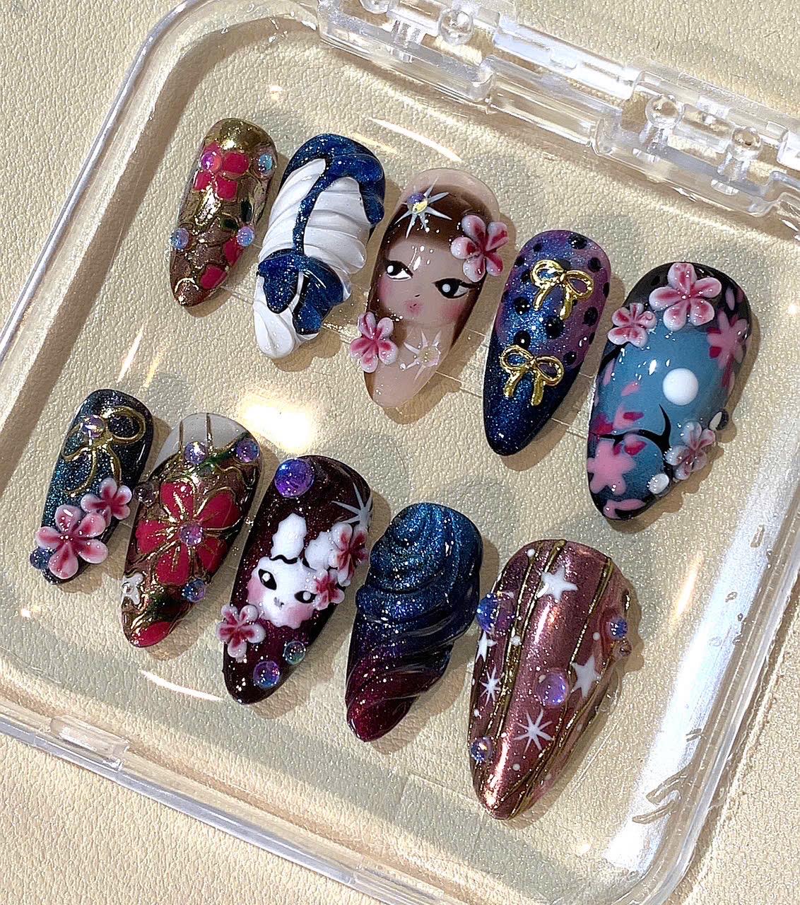 Sakura Cherry Blossom Bunny Press On Nails, 3D Kawaii Japanese Nail Art