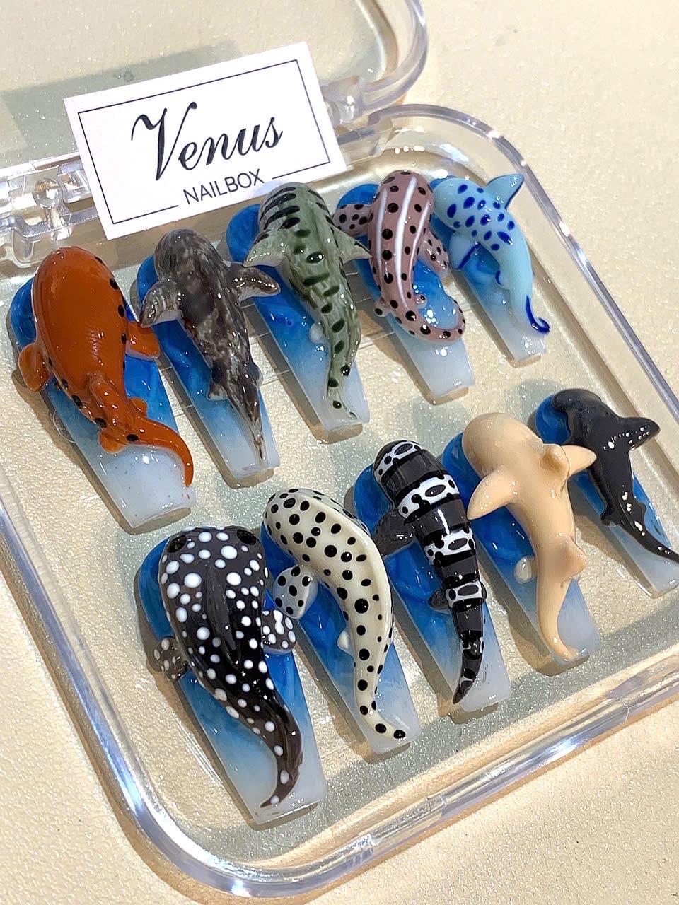 3D Shark Press On Nails: Handmade Ocean Animal Nail Art Set