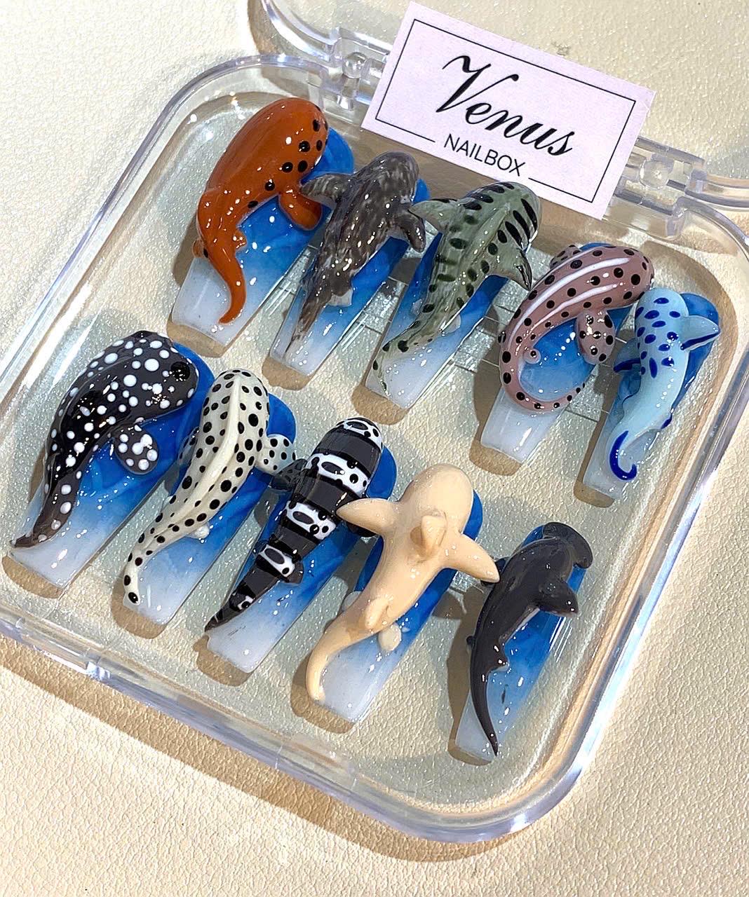 3D Shark Press On Nails: Handmade Ocean Animal Nail Art Set
