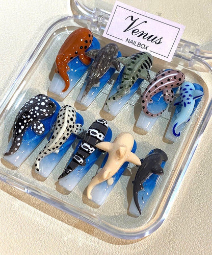 3D Shark Press On Nails: Handmade Ocean Animal Nail Art Set