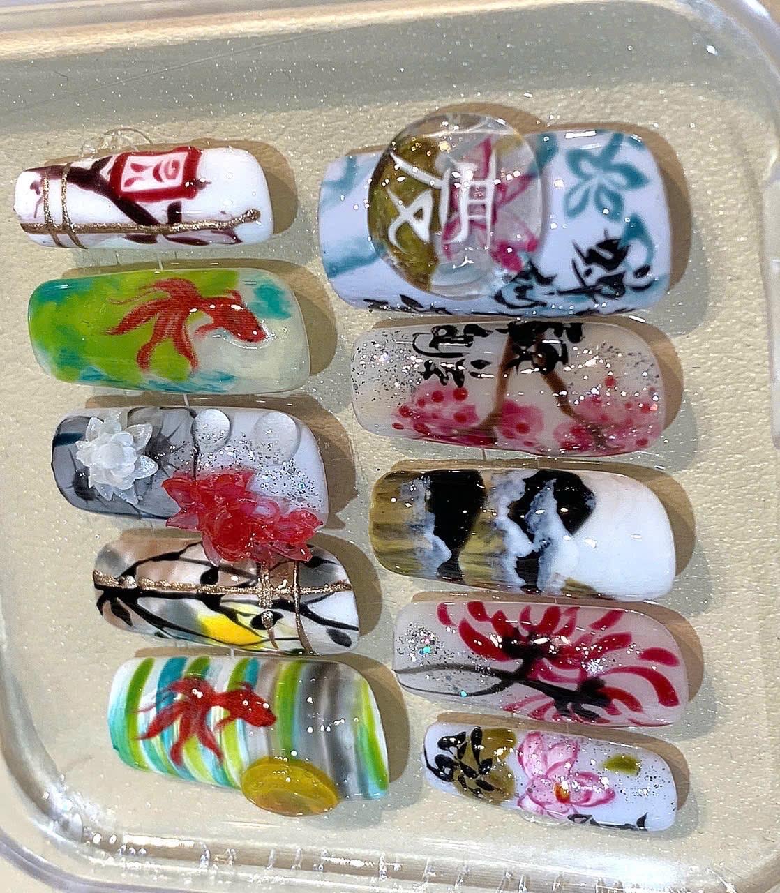 Hand-Painted Asian Art Press On Nails: Koi Fish & Lotus Design