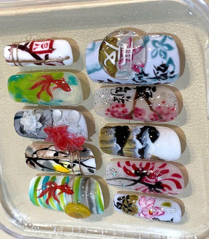 Hand-Painted Asian Art Press On Nails: Koi Fish & Lotus Design