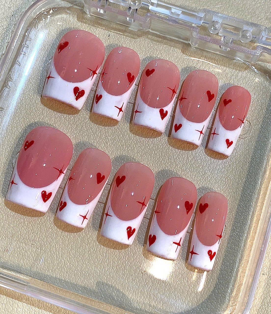 Heart French Tip Press On Nails: Pink & White Valentine's Day Coffin Set