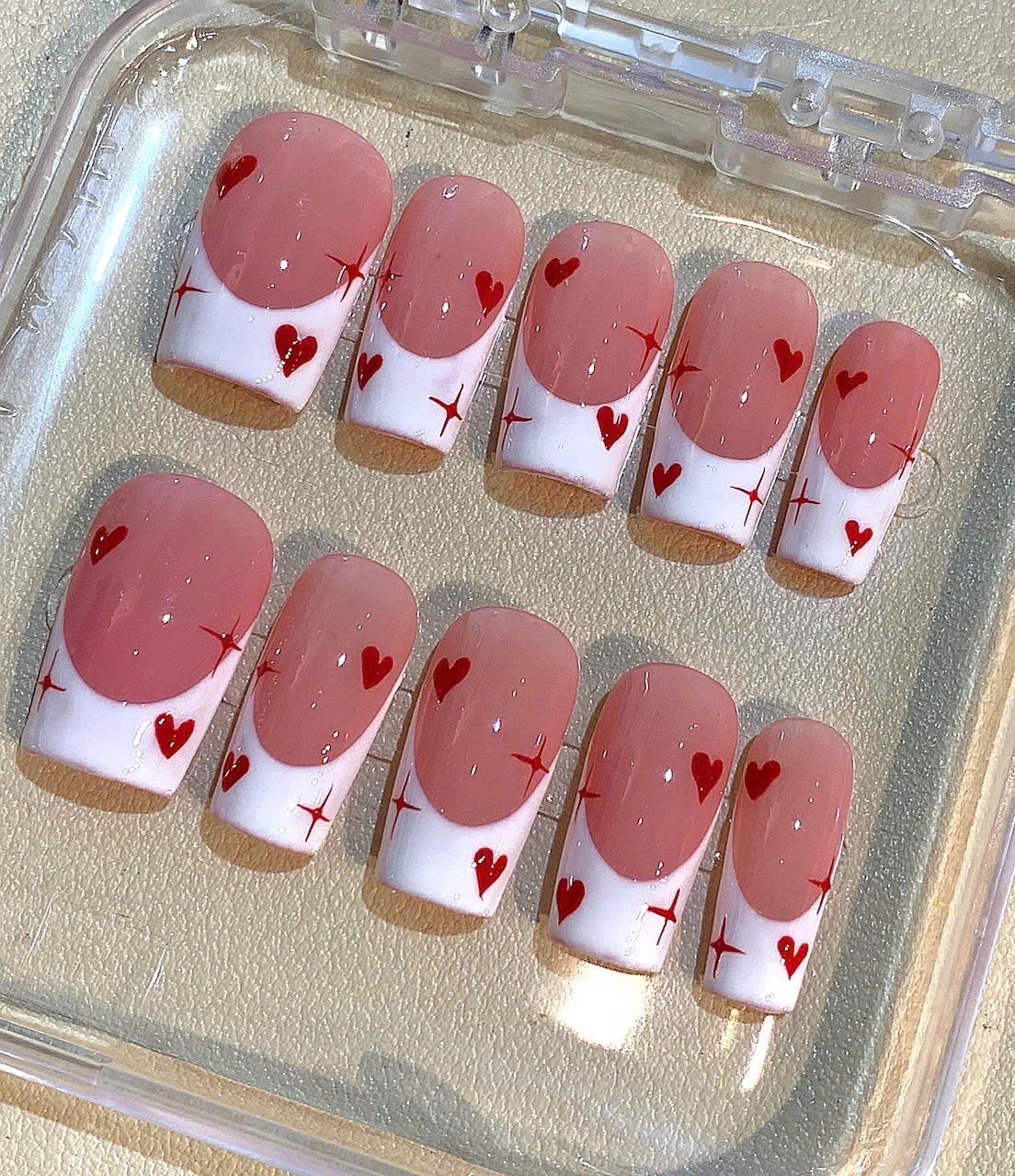 Heart French Tip Press On Nails: Pink & White Valentine's Day Coffin Set
