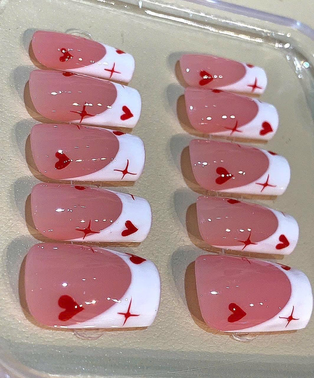 Heart French Tip Press On Nails: Pink & White Valentine's Day Coffin Set