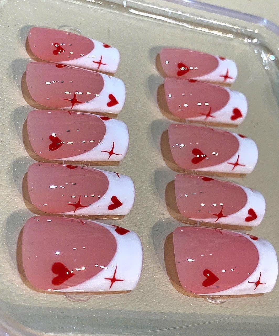 Heart French Tip Press On Nails: Pink & White Valentine's Day Coffin Set