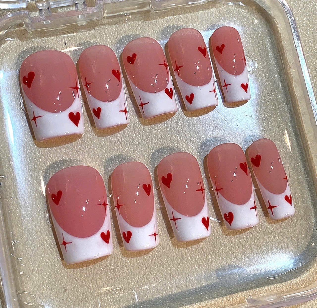 Heart French Tip Press On Nails: Pink & White Valentine's Day Coffin Set