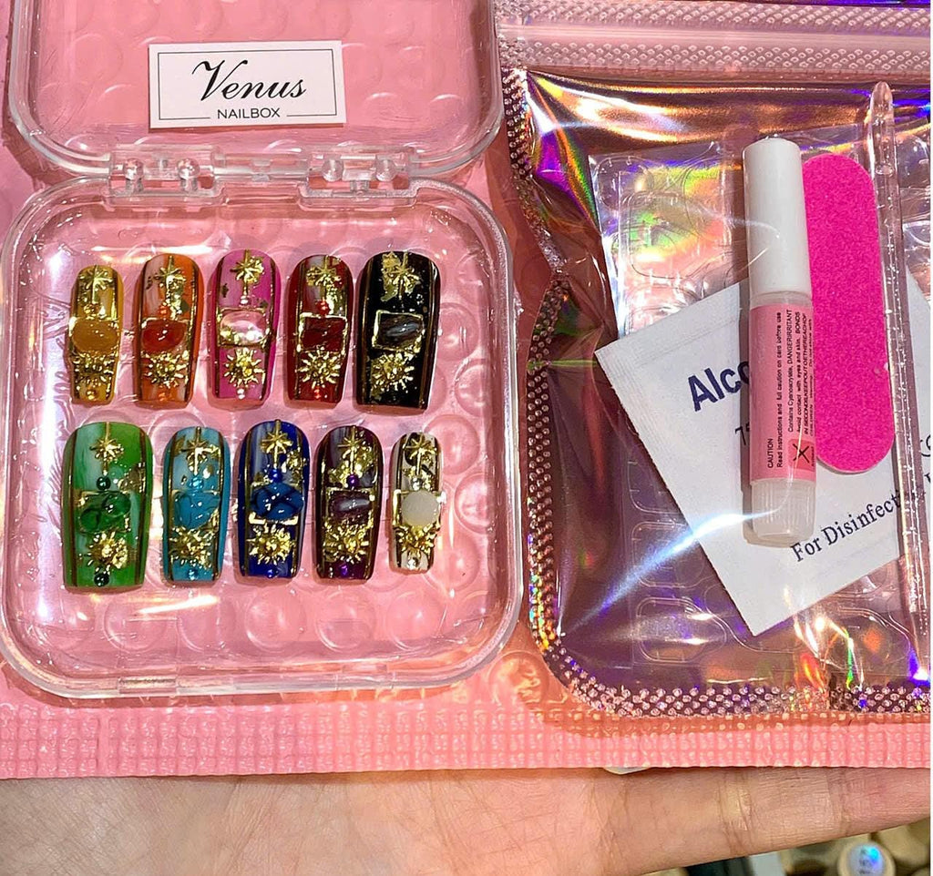 Celestial Gemstone Press On Nails: Handmade Astrology Nail Art with Stars & Crystals
