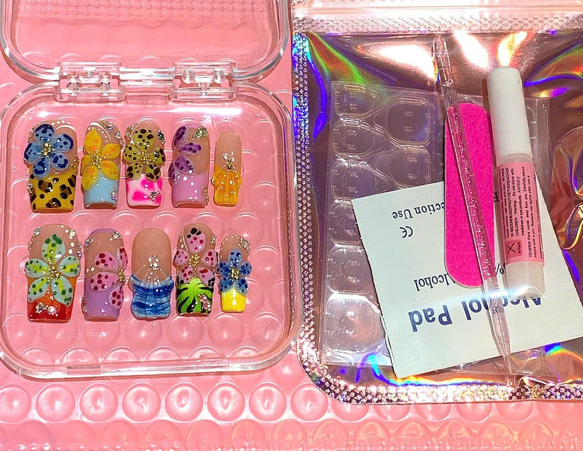 3D Flower Press On Nails: Wild Floral Leopard Print, Handmade