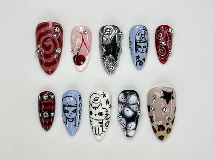 Grunge Cartoon Style Press On Nails | Red & Blue Mismatch Nails | Handpainted Edgy Punk Art | Funky Cartoon Press Ons| Handmade Nail|JC977HC
